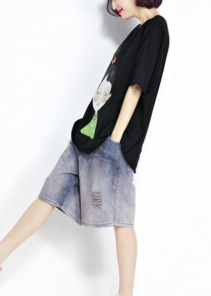 Simple Black Cotton Clothes for Fine Sleeve O Neck Short Sleeve Short Summer Shirt