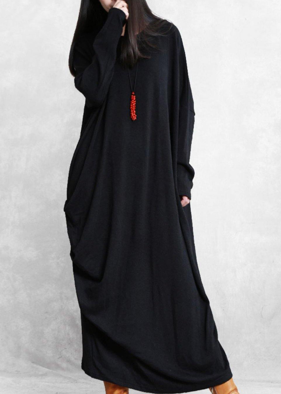 Simple Black Cotton Clothes Asymmetric Cotton Robes Wild Dress