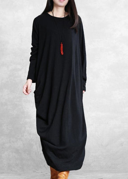 Simple Black Cotton Clothes Asymmetric Cotton Robes Wild Dress
