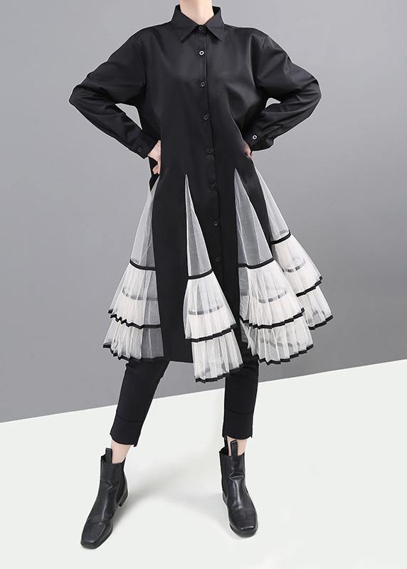 Simple Black Cotton Clothes Big Hem Maxi Patchwork Shirt Dress