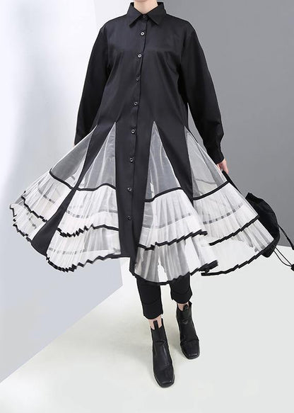 Simple Black Cotton Clothes Big Hem Maxi Patchwork Shirt Dress