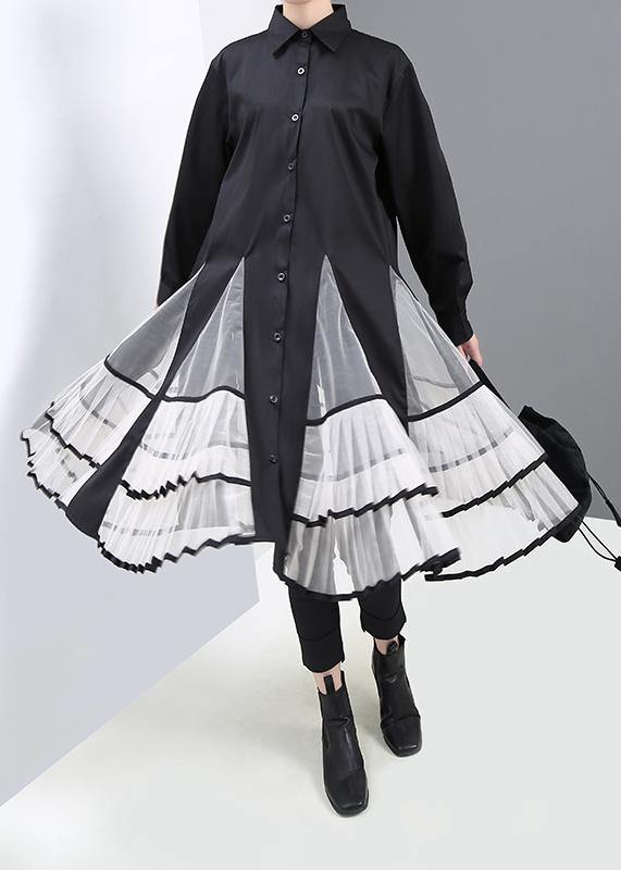 Simple Black Cotton Clothes Big Hem Maxi Patchwork Shirt Dress