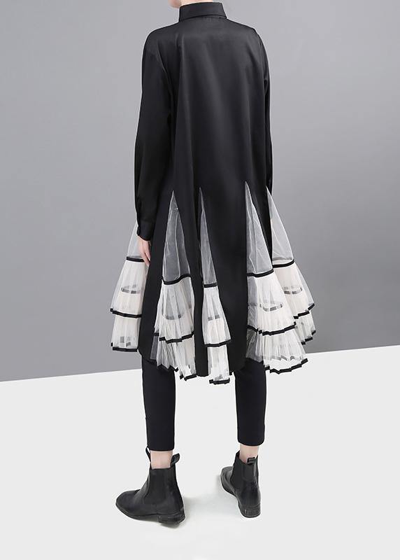 Simple Black Cotton Clothes Big Hem Maxi Patchwork Shirt Dress