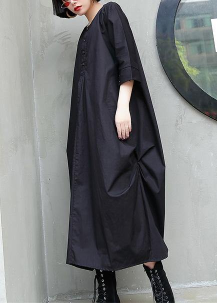 Simple Black Cotton Quilting Dresses O Neck Cinched Maxi Summer Dresses