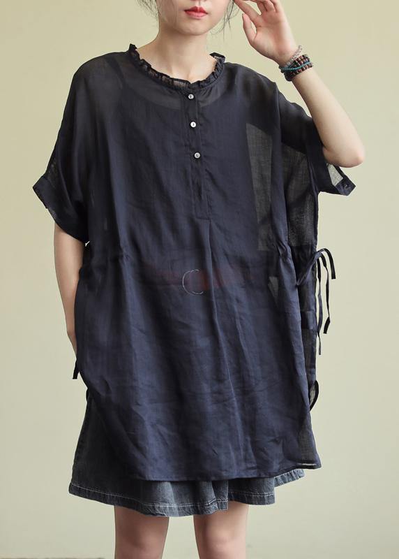 Simple Black Cotton Tunic Pattern O Neck Ruffles Clothing Blouses