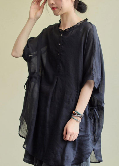 Simple Black Cotton Tunic Pattern O Neck Ruffles Clothing Blouses
