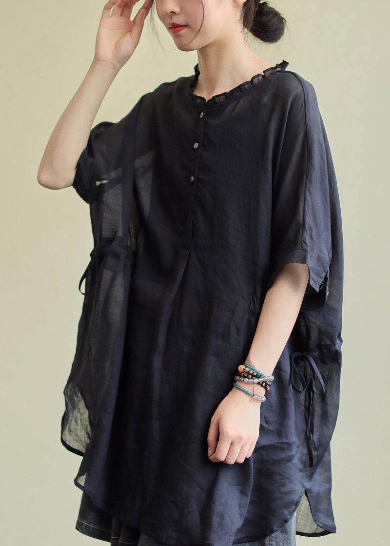 Simple Black Cotton Tunic Pattern O Neck Ruffles Clothing Blouses