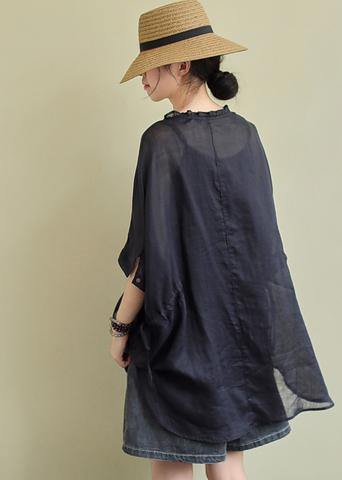 Simple Black Cotton Tunic Pattern O Neck Ruffles Clothing Blouses