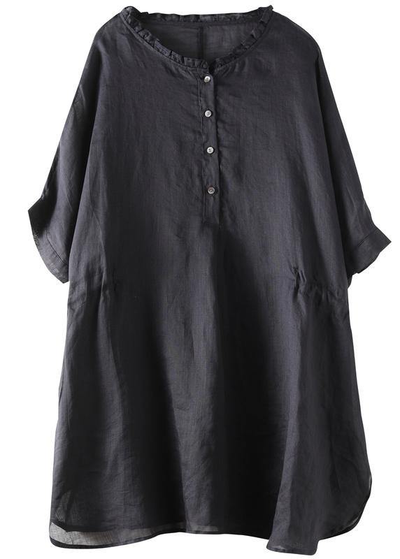 Simple Black Cotton Tunic Pattern O Neck Ruffles Clothing Blouses