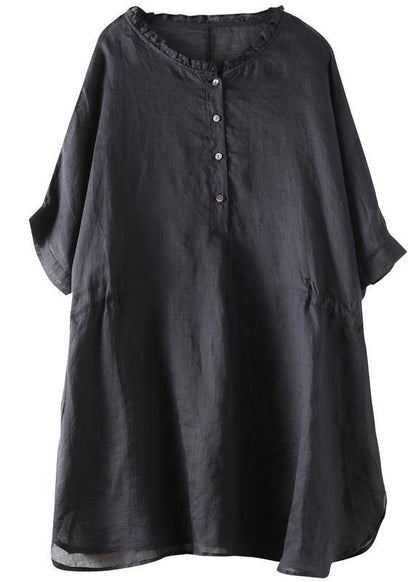 Simple Black Cotton Tunic Pattern O Neck Ruffles Clothing Blouses