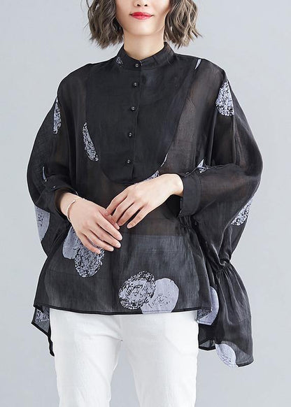 Simple Black Dotted Linen Linen Tops O Neck Asymmetric Cotton Summer Top