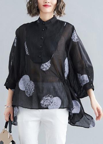 Simple Black Dotted Linen Linen Tops O Neck Asymmetric Cotton Summer Top