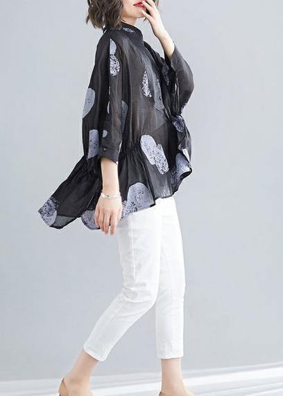 Simple Black Dotted Linen Linen Tops O Neck Asymmetric Cotton Summer Top