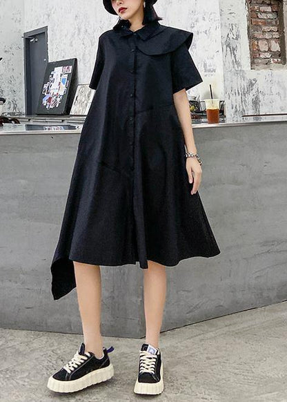 Simple Black Dress Lapel Zippered Baggy Asymmetric Dresses