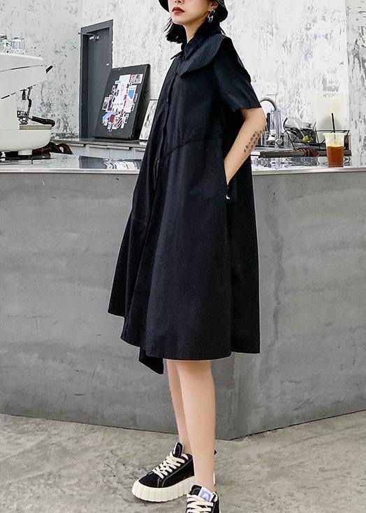 Simple Black Dress Lapel Zippered Baggy Asymmetric Dresses