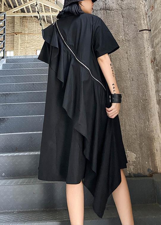 Simple Black Dress Lapel Zippered Baggy Asymmetric Dresses