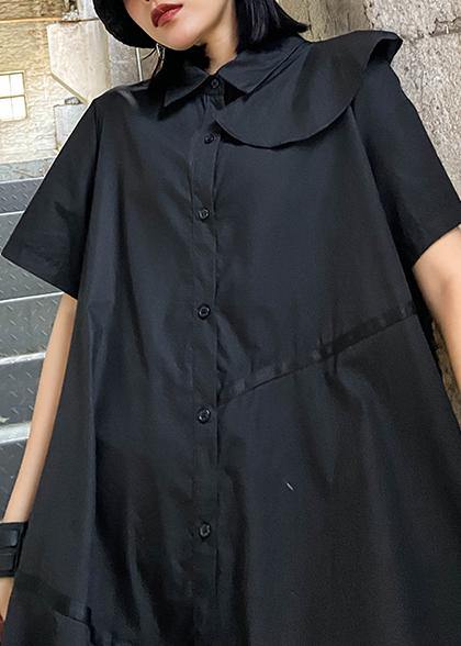 Simple Black Dress Lapel Zippered Baggy Asymmetric Dresses
