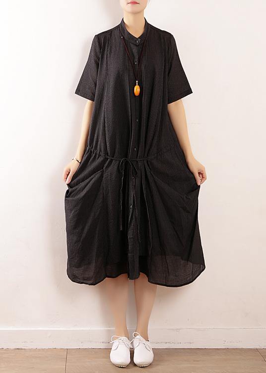 Simple Black Linen Quilting Dresses Design Stand Collar Long Summer Dresses