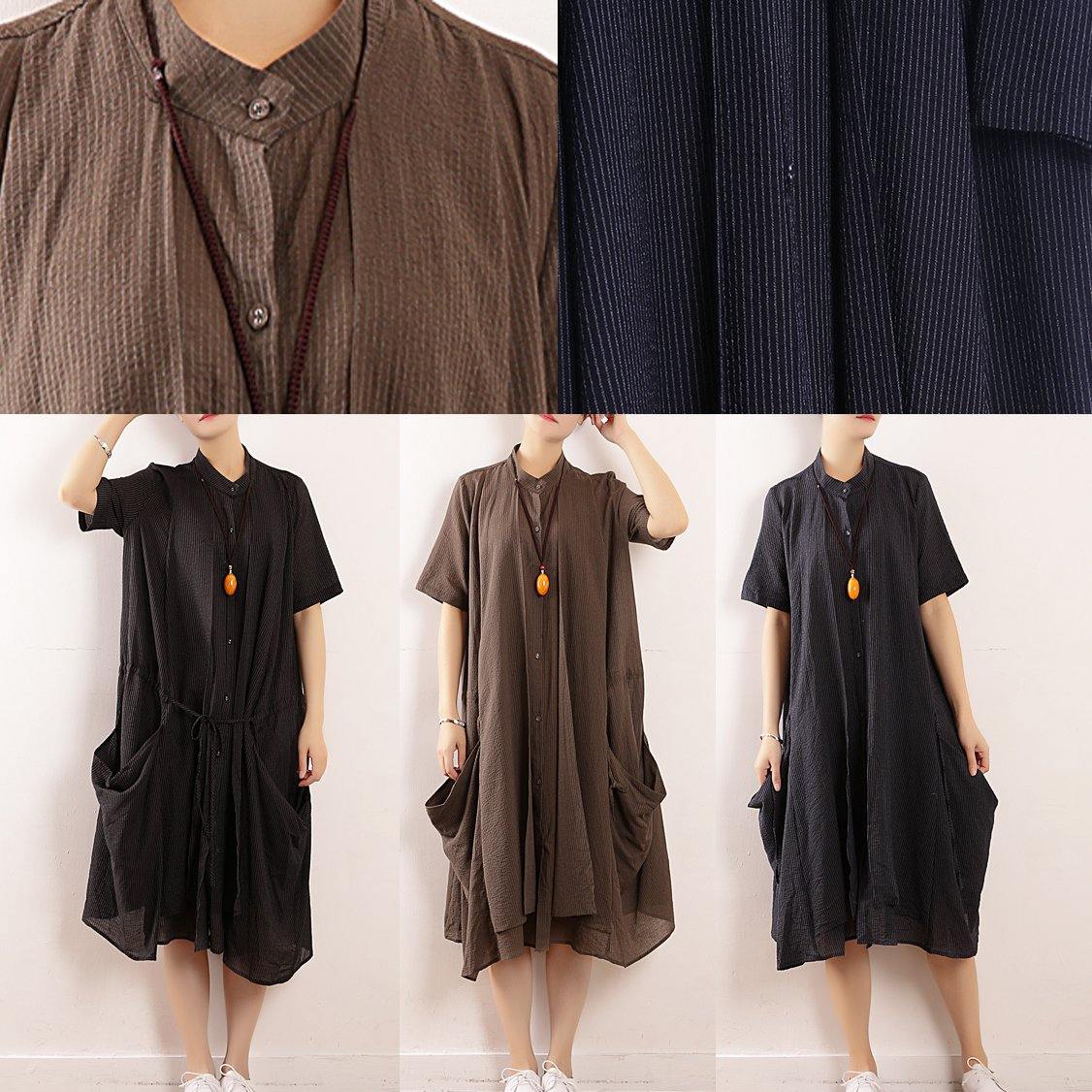 Simple Black Linen Quilting Dresses Design Stand Collar Long Summer Dresses