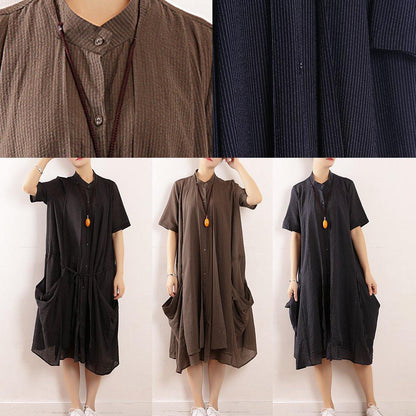 Simple Black Linen Quilting Dresses Design Stand Collar Long Summer Dresses