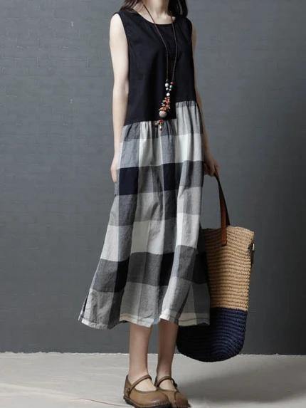 Simple Black Patchwork Plaid Linen Tunic Sleeveless Knee Dress