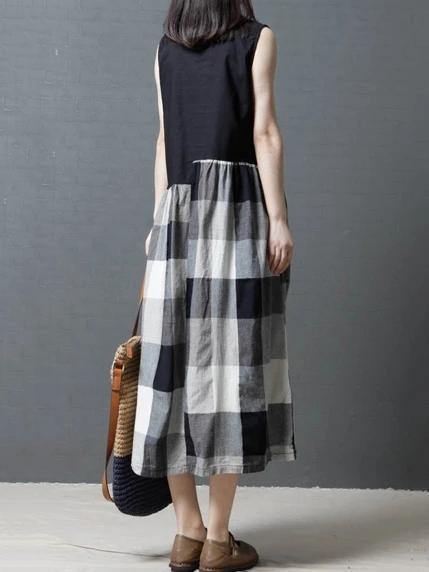 Simple Black Patchwork Plaid Linen Tunic Sleeveless Knee Dress