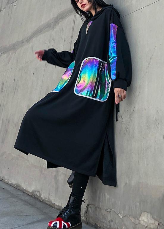 Simple Black Patchwork Cotton Quilting Clothes Side Open Maxi Hooded Dress