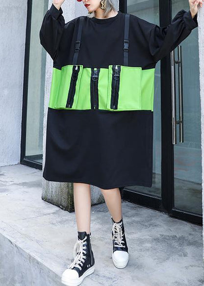 Simple Black Patchwork Green Cotton Tunics O Neck Zippered Knee Dress