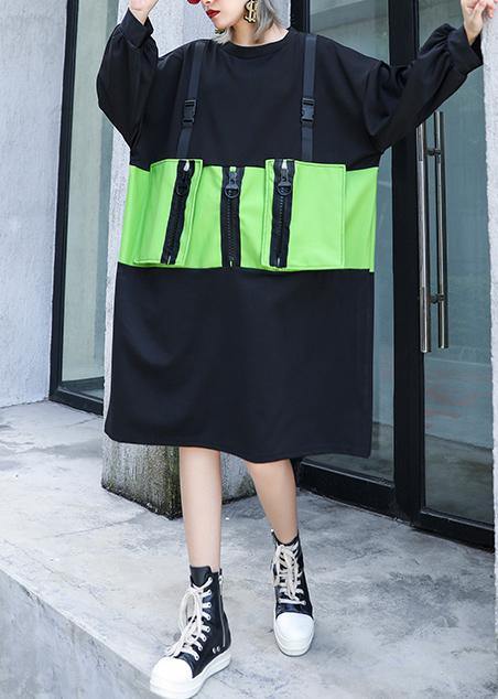 Simple Black Patchwork Green Cotton Tunics O Neck Zippered Knee Dress