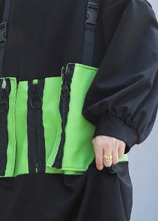 Simple Black Patchwork Green Cotton Tunics O Neck Zippered Knee Dress