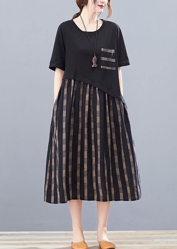 Simple Black Patchwork Plaid Cotton Clothes O Neck Traveling Summer Dresses