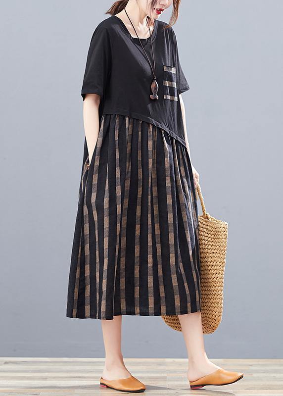 Simple Black Patchwork Plaid Cotton Clothes O Neck Traveling Summer Dresses