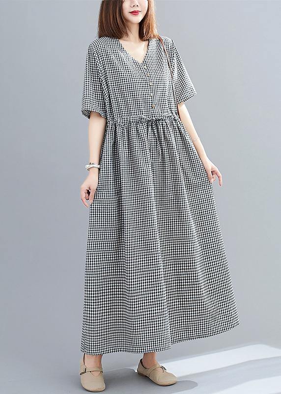 Simple Black Plaid Linen Cotton Dresses V Neck Drawstring Loose Dresses