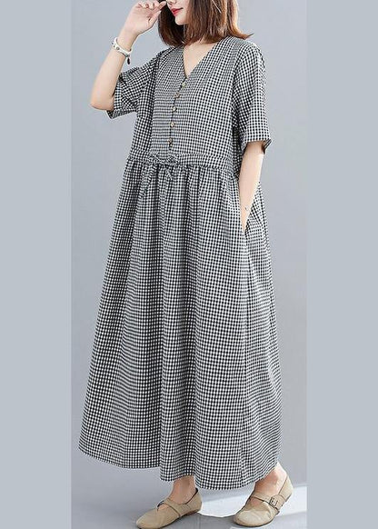 Simple Black Plaid Linen Cotton Dresses V Neck Drawstring Loose Dresses