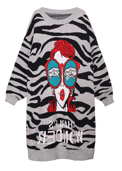 Simple Black Print Sweater Aesthetic Street Style O Neck Art Knitwear