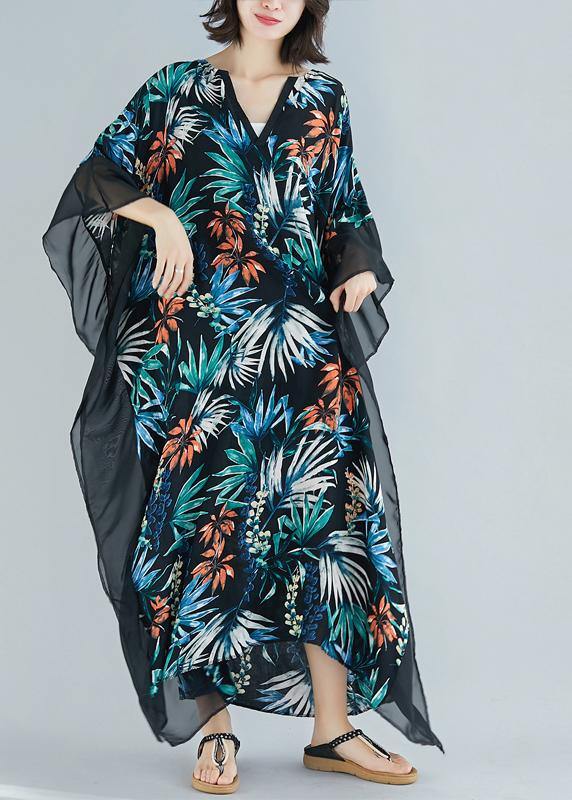 Simple Black Print Chiffon Dresses Omychic Ideas V Neck Patchwork Traveling Summer Dress