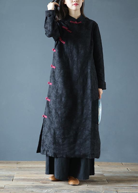 Simple Black Print Clothes Stand Collar Chinese Button Kaftan Dresses