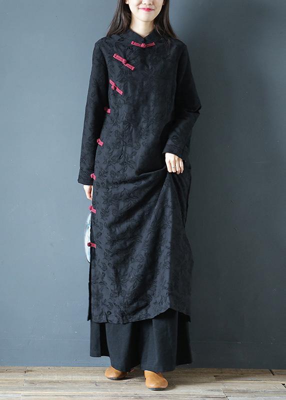 Simple Black Print Clothes Stand Collar Chinese Button Kaftan Dresses