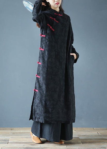 Simple Black Print Clothes Stand Collar Chinese Button Kaftan Dresses