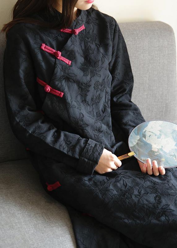 Simple Black Print Clothes Stand Collar Chinese Button Kaftan Dresses