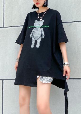 Simple Black Print Cotton Clothes O Neck Dresses Top