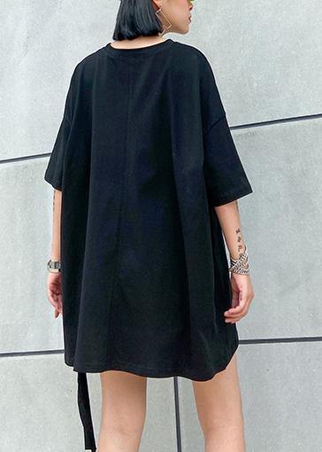 Simple Black Print Cotton Clothes O Neck Dresses Top