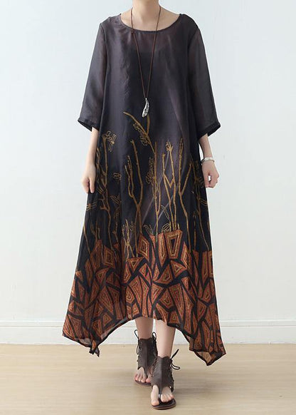 Simple Black Prints Chiffon Clothes Half Sleeve Loose Summer Dresses