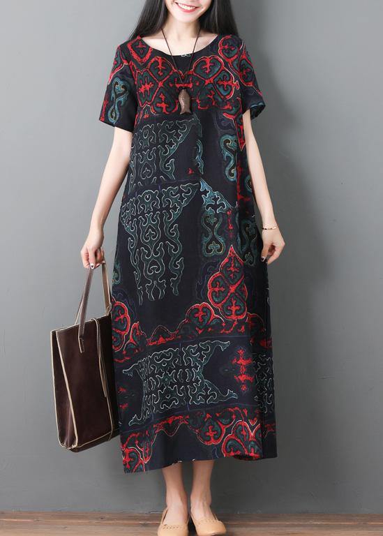 Simple Black Prints Cotton Quilting Clothes Short Sleeve Maxi Summer Dresses