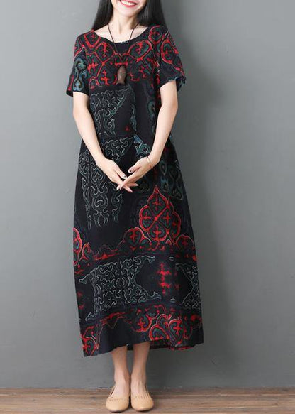 Simple Black Prints Cotton Quilting Clothes Short Sleeve Maxi Summer Dresses