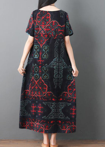 Simple Black Prints Cotton Quilting Clothes Short Sleeve Maxi Summer Dresses