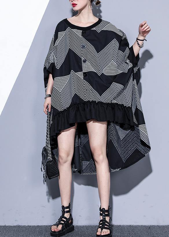 Simple Black Prints Cotton Top Big Hem Traveling Summer Dress
