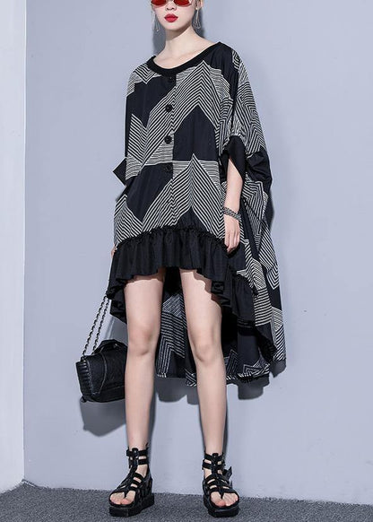Simple Black Prints Cotton Top Big Hem Traveling Summer Dress