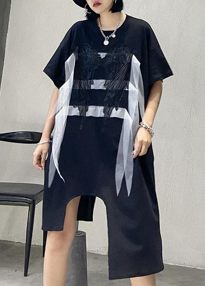 Simple Black Quilting Clothes O Neck Asymmetric Art Summer Dresses
