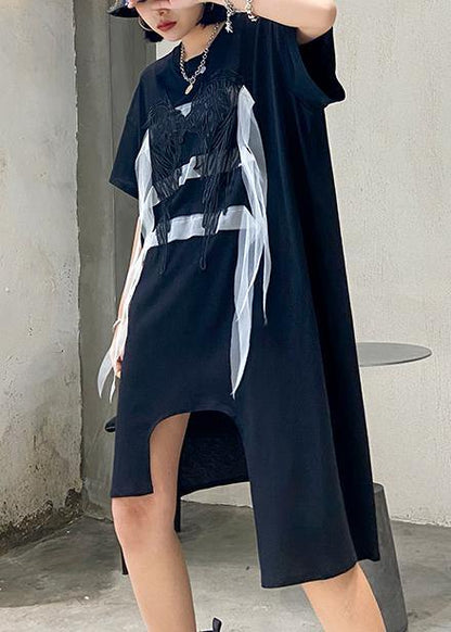 Simple Black Quilting Clothes O Neck Asymmetric Art Summer Dresses
